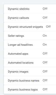 automated assets that you can turn on or off google menu image of assets in ads setup