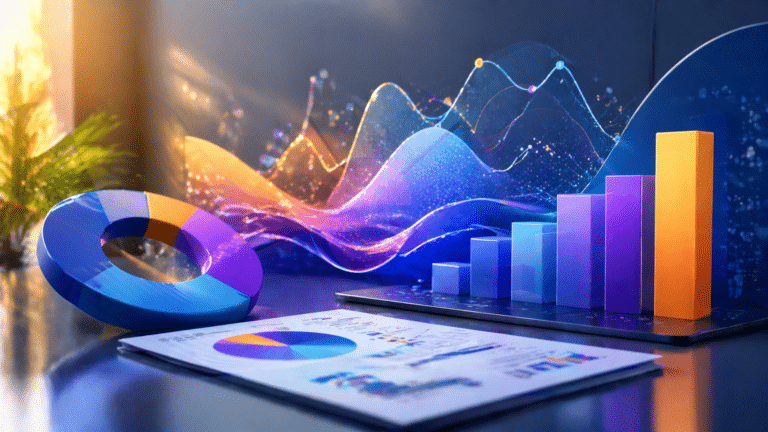 Colorful 3D bar chart and donut chart on a desk, with flowing data lines and reports nearby, depicting analytics imagery.