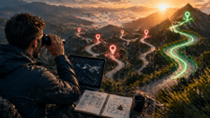 Traveler on a rocky cliff uses binoculars and a laptop to plan a winding road route marked by glowing location pins at sunset.