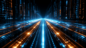 Futuristic cityscape at night with blue and orange light trails converging toward a bright vanishing point in the center.