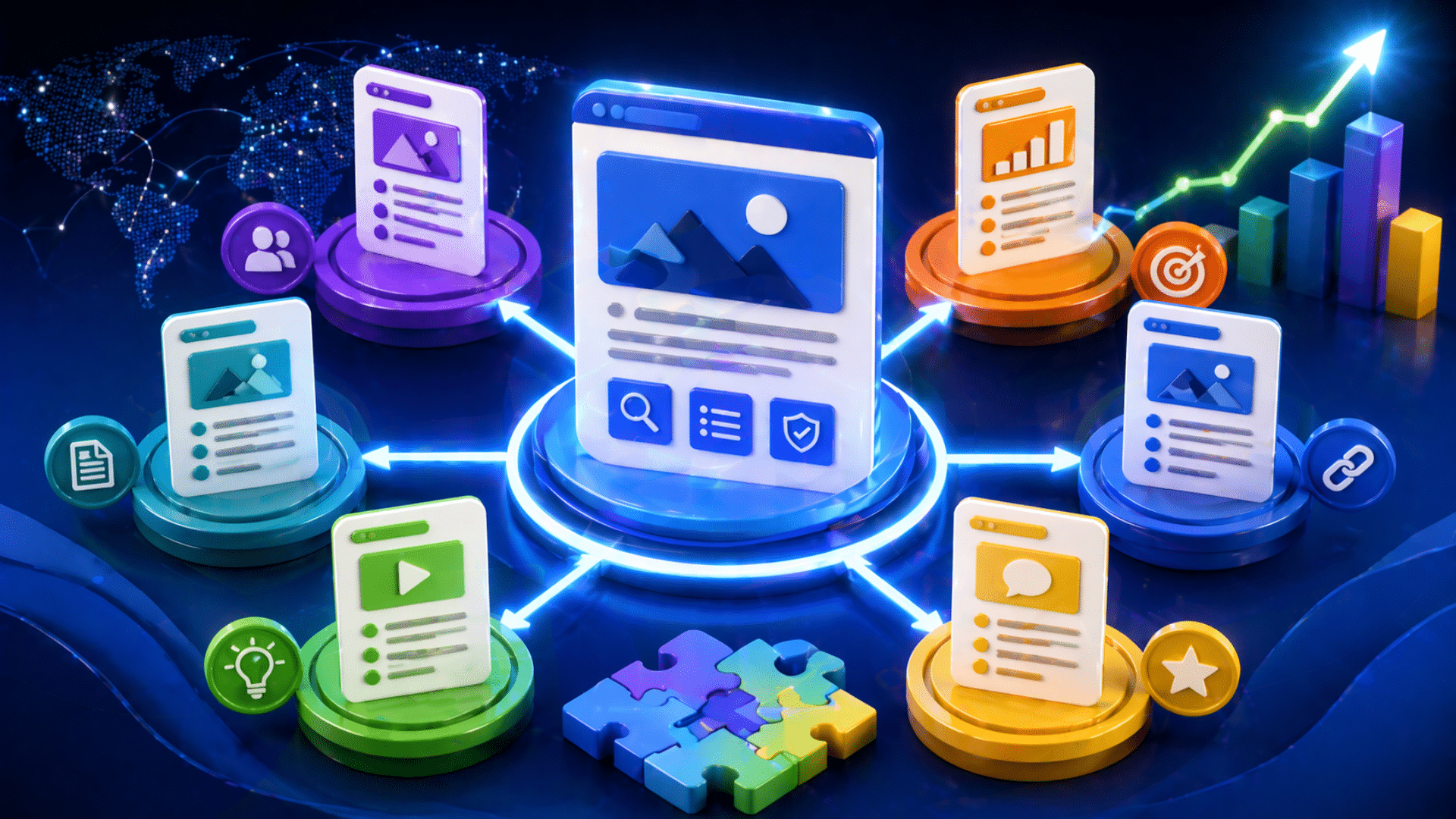 Central blue UI card surrounded by colorful floating content modules connected by glowing lines, illustrating data networking.