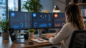 Person monitors data dashboards on three widescreen monitors in a bright office, with Meta, LinkedIn, and Reddit logos visible.