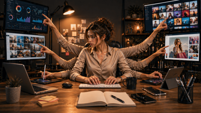 Woman multitasks at a multi-monitor desk, screens show charts and photo thumbnails as she points at them.