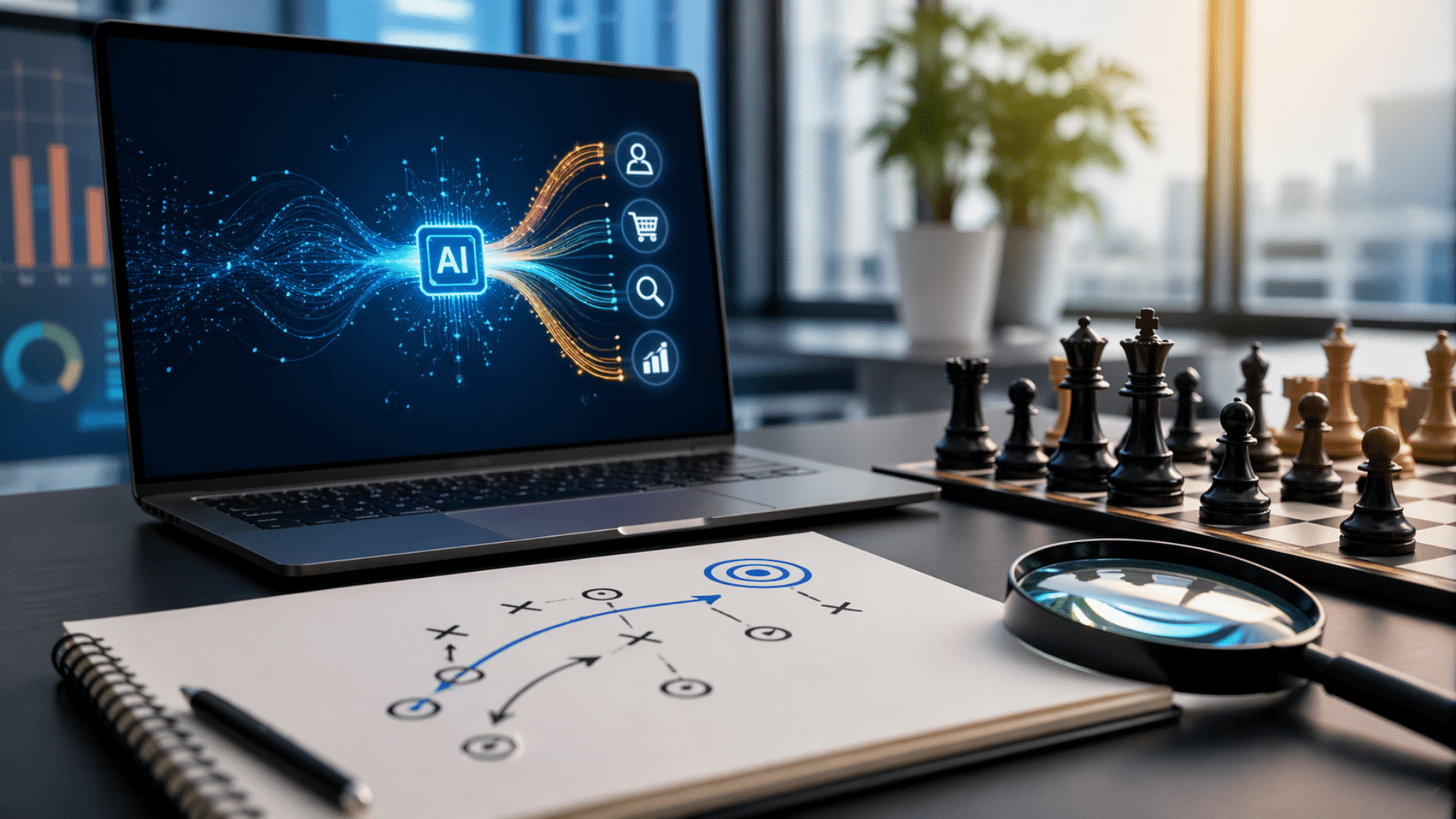Laptop displaying AI concept with glowing data streams and icons on screen, beside a chessboard and a strategic diagram on a desk
