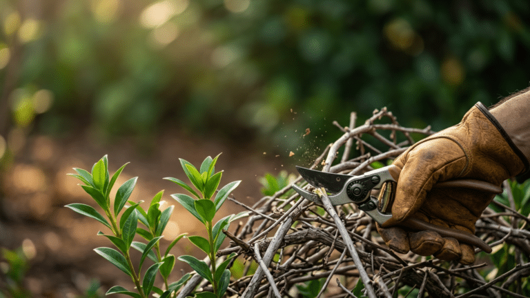 Gloved hand using pruning shears to trim a twig from a hedge, with green leaves in foreground.