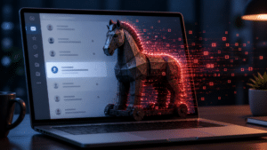 Laptop screen with a low-poly wooden knight emerging from a red digital data matrix, conveying a tech/AI theme.