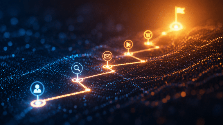 Abstract digital network with glowing icons (search, user, email, play, cart) along a glowing path toward a final flag, blue-to-orange color gradient.