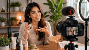 Woman filming a beauty product review, holding a dropper bottle in front of a camera with a ring light in a cozy home studio.