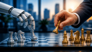 Robotic hand and a human hand playing chess, as a golden king is moved on a checkered board against silver pieces in a city backdrop.
