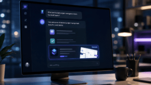Monitor shows a dark chat UI with rounded message bubbles in a dim, modern office setting.