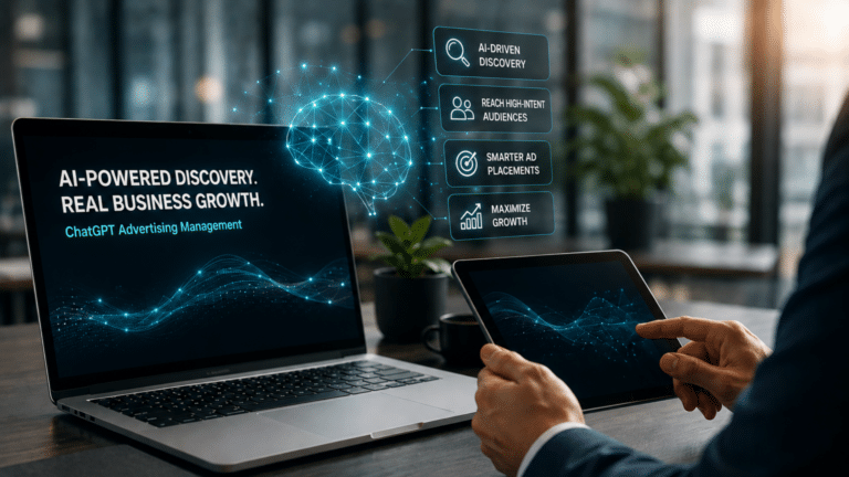 Laptop and tablet display an AI-powered discovery interface with growth-focused metrics and holographic icons.