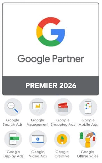 Google Partner Premier 2026 badge with icons representing various Google Ads services beneath the logo, in circular buttons.
