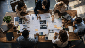 Overhead view of a diverse team around a wooden table, examining blueprints, photos, and sticky notes during a design brainstorm.