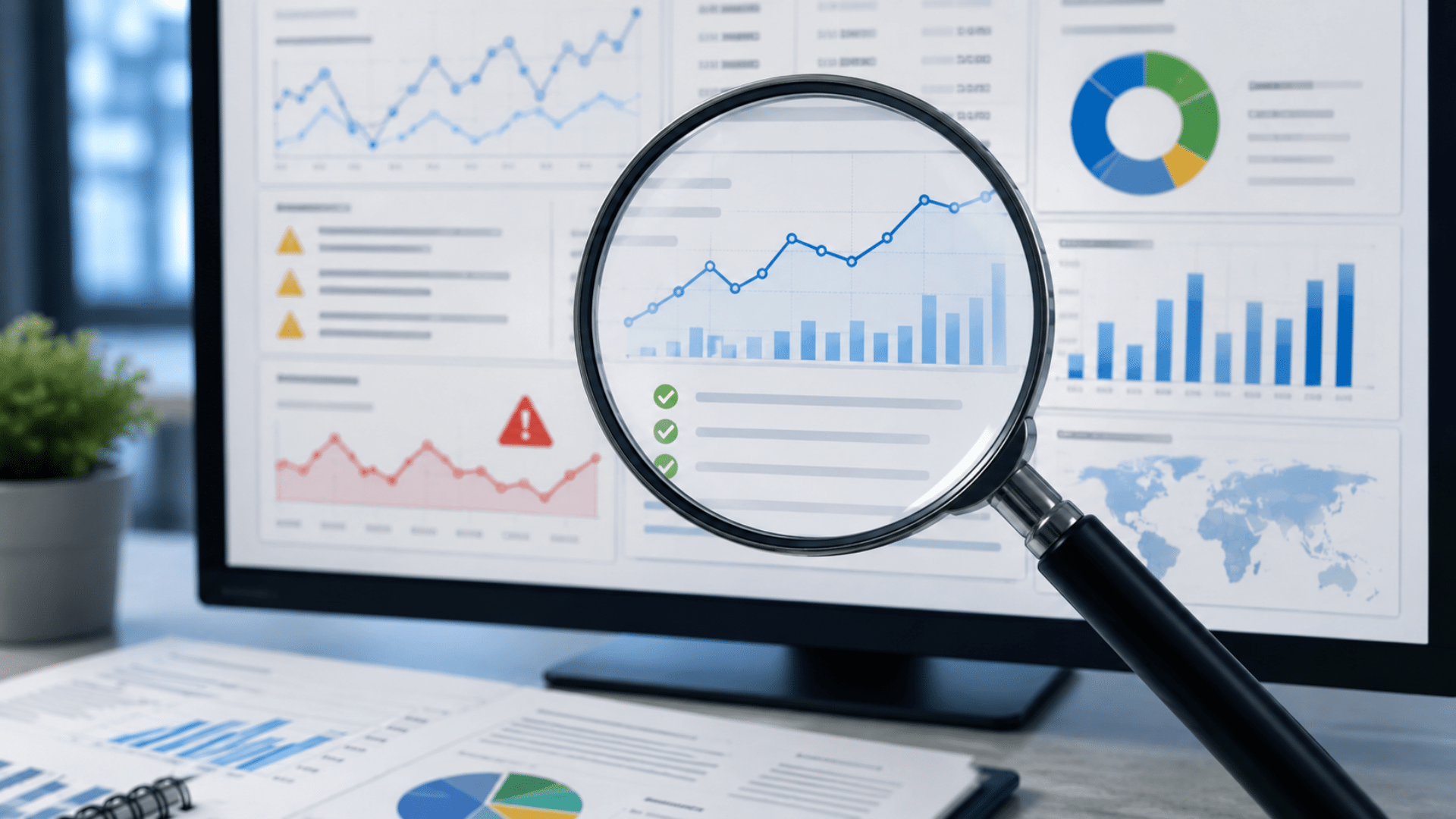 Magnifying glass over a monitor displaying a blue line chart and bar chart to highlight data trends in an analytics dashboard