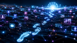 Glowing blue footprints trail across a neon network of icons and avatars, symbolizing global digital connectivity.