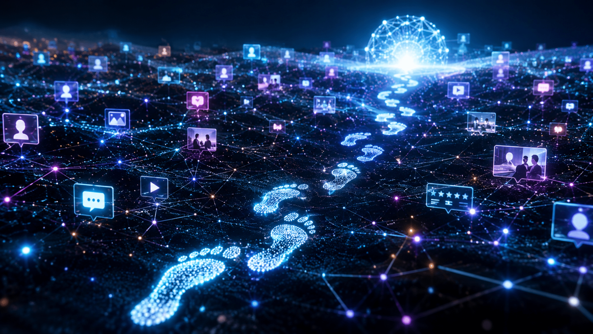 Glowing blue footprints trail across a neon network of icons and avatars, symbolizing global digital connectivity.