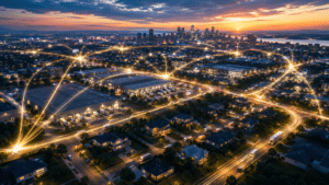 Aerial view of a city at sunset with glowing network lines over streets and buildings, representing connectivity.