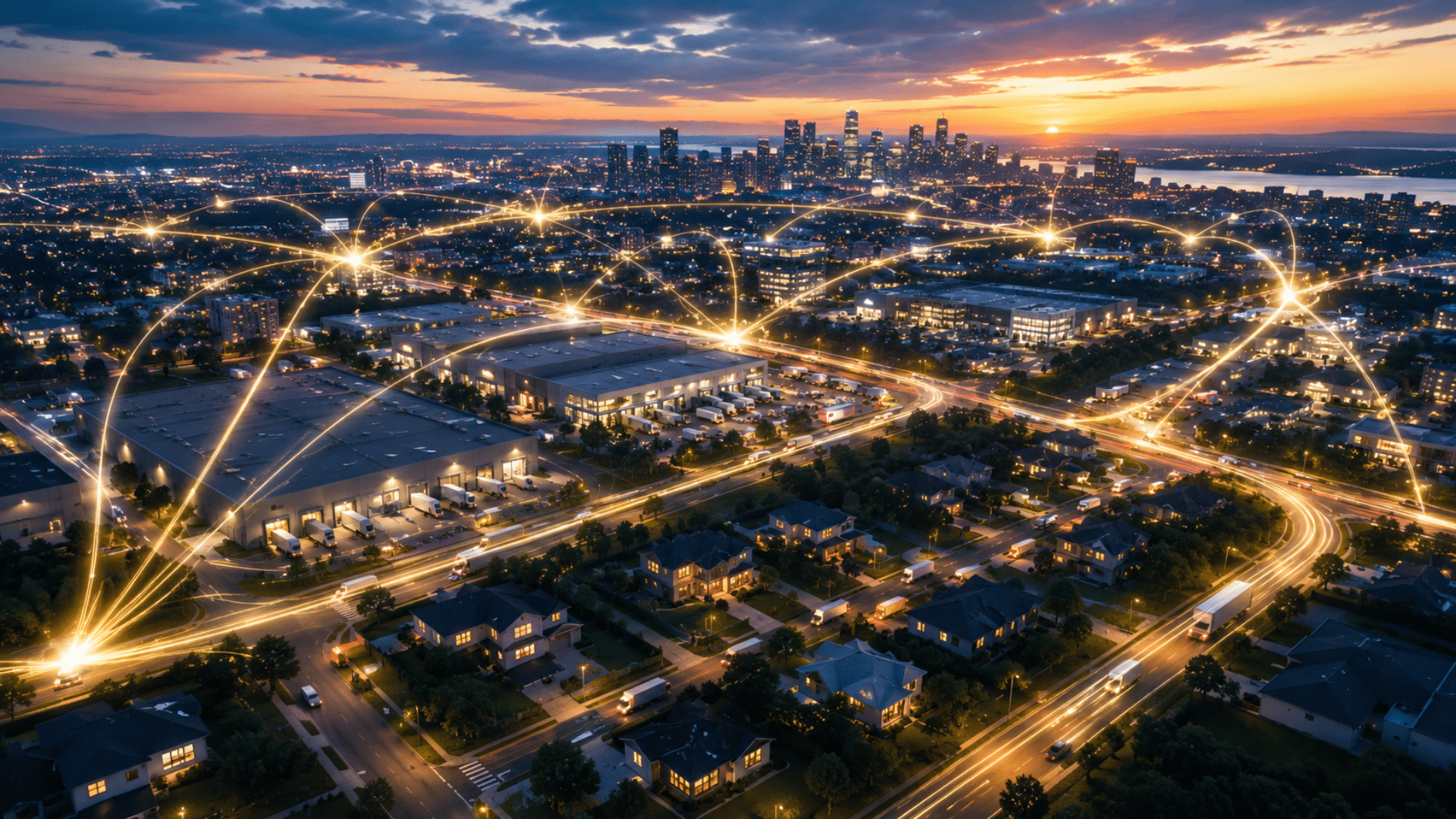 Aerial view of a city at sunset with glowing network lines over streets and buildings, representing connectivity.