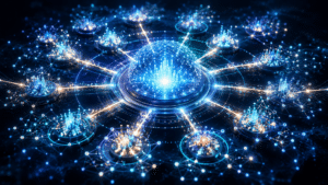 Central illuminated globe connected by bright lines to surrounding network nodes, symbolizing a global digital network.