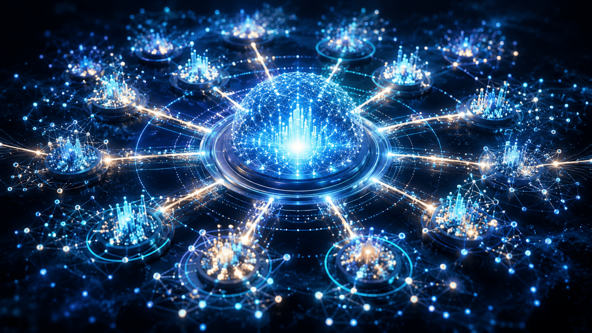 Central illuminated globe connected by bright lines to surrounding network nodes, symbolizing a global digital network.