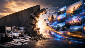 Concrete wall explodes with light as travel photos flow from the debris toward the viewer, with a camera and printed pictures on the floor left side.