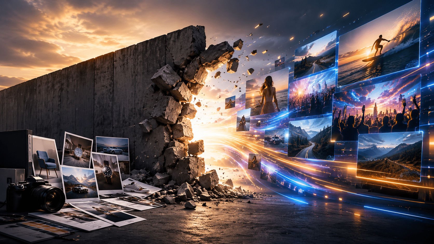 Concrete wall explodes with light as travel photos flow from the debris toward the viewer, with a camera and printed pictures on the floor left side.