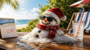 Snowman on a sunlit beach setup wearing a red Santa hat, sunglasses, and scarf, with a calendar and a glass of iced drink nearby on a wooden table.