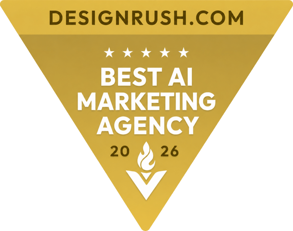 Gold downward-pointing triangle badge with DESIGNRUSH.COM at the top, five white stars, and the text 'BEST AI MARKETING AGENCY' followed by '2026' and a white flame logo.
