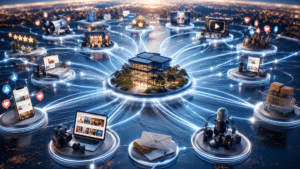 Floating circular hubs connect a central glass building to laptops, phones, cameras, and shopping carts, illustrating a connected network and smart city ecosystem at dusk.
