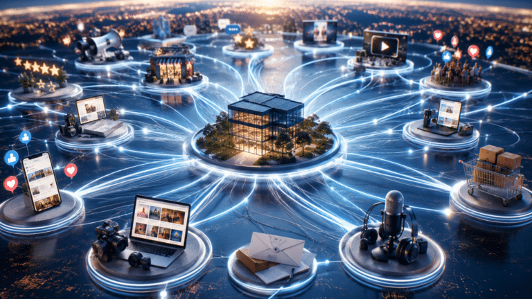 Floating circular hubs connect a central glass building to laptops, phones, cameras, and shopping carts, illustrating a connected network and smart city ecosystem at dusk.