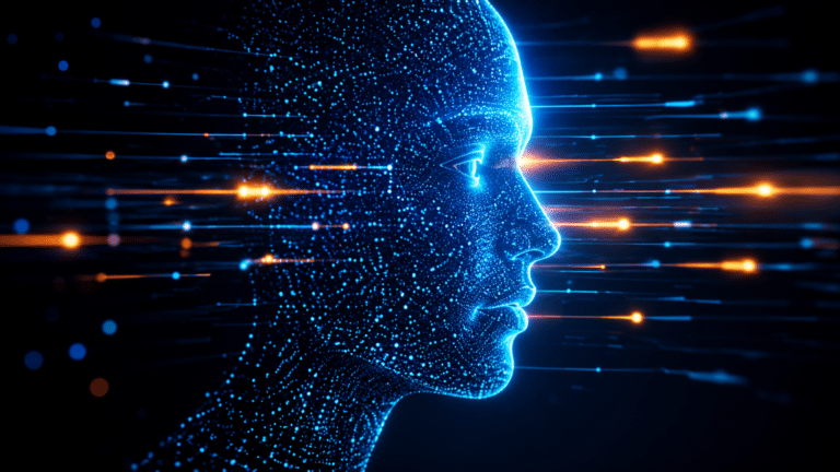 Blue neon silhouette of a human head made of glowing dots, with streaks of light suggesting data flow and AI technology.