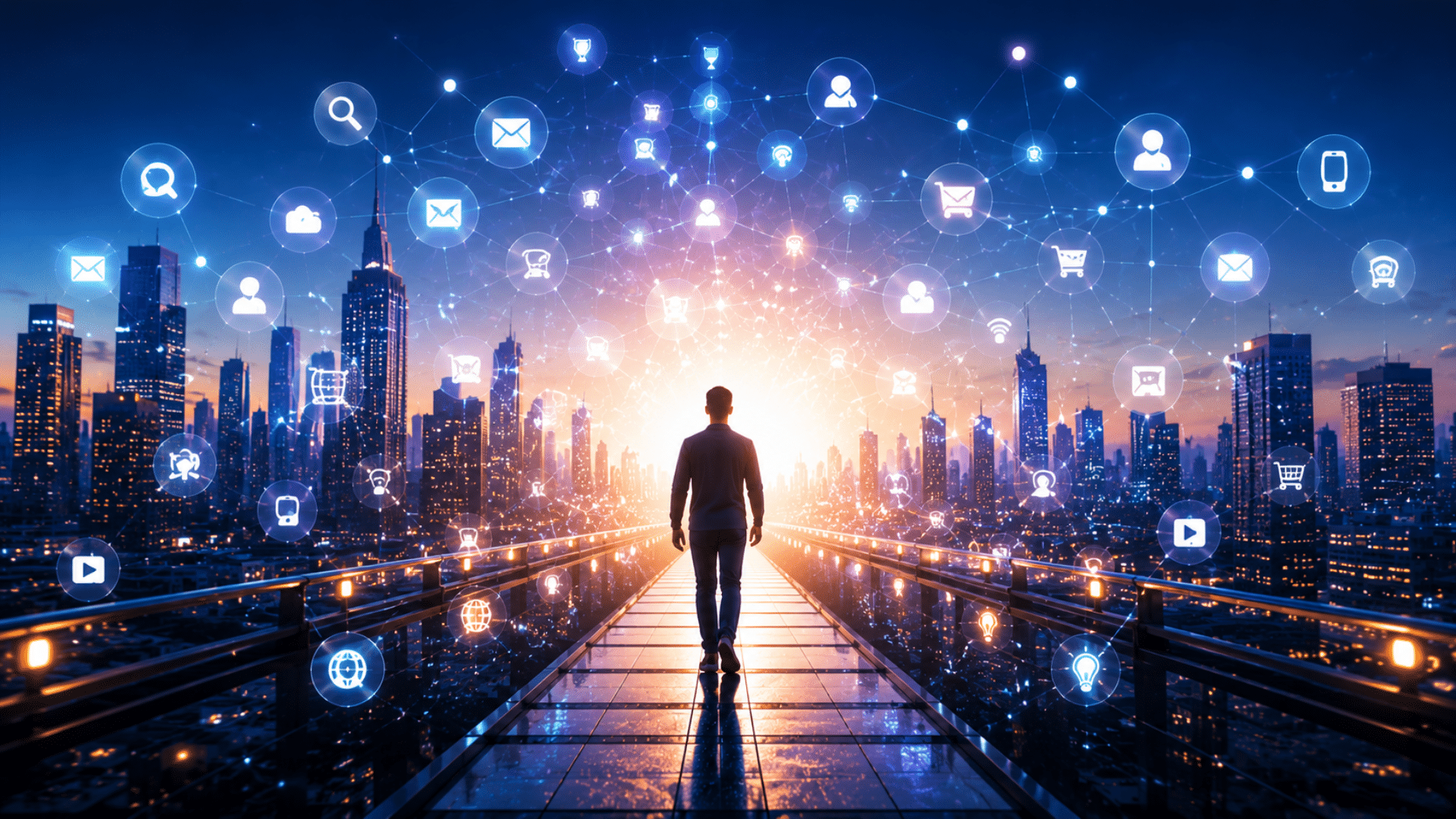 A person walks along a bright glass walkway toward a glowing, futuristic city with floating connected-icons representing digital networking.