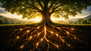 Tree with a glowing network of roots spreading across dark soil, backlit by a warm sunset.
