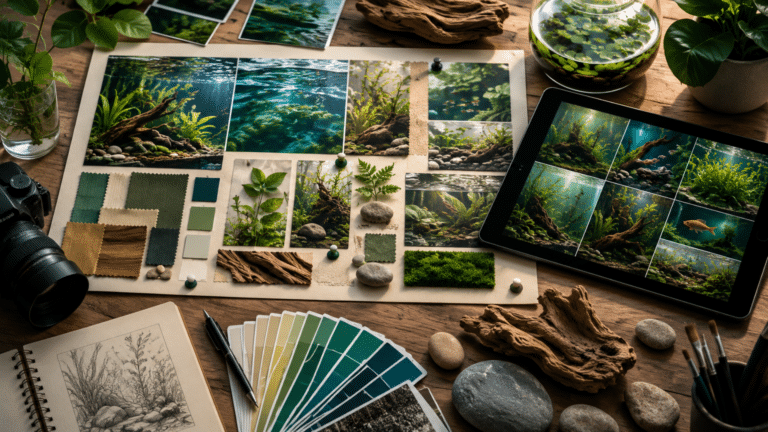 Creative workspace with an aquarium-themed moodboard: photos, color swatches, plant samples, and a tablet showing underwater scenes.
