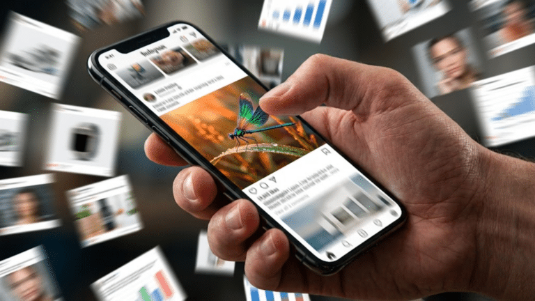 Hand holding a smartphone displaying a close-up image of a dragonfly, with blurred social feed thumbnails around the screen (informative image).