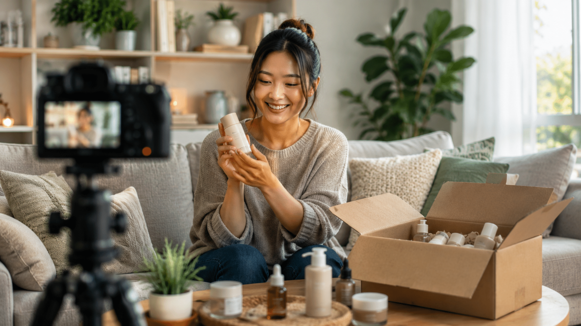 Woman on a couch filming an skincare unboxing, holding a bottle with a camera recording in the foreground.