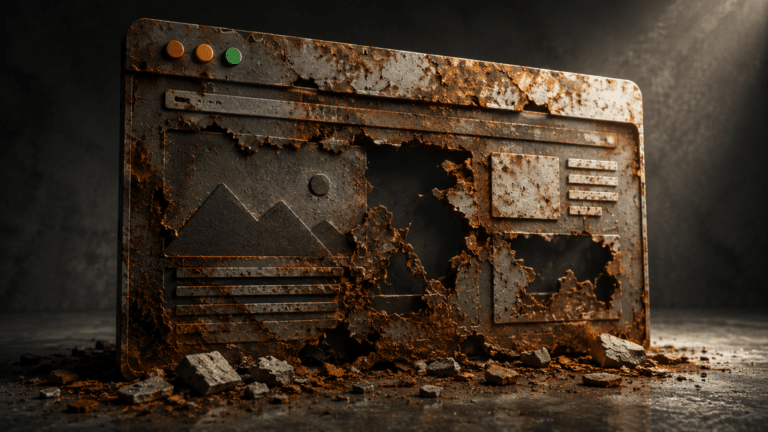 Rust-covered, decaying metal computer case with peeling panels and broken sections on a dark floor.