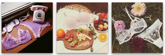 Three-panel collage: left shows purple lingerie and a pink rotary telephone; middle shows a breakfast spread with fruit and bread on a plate; right shows broken glass on grass with flowers.