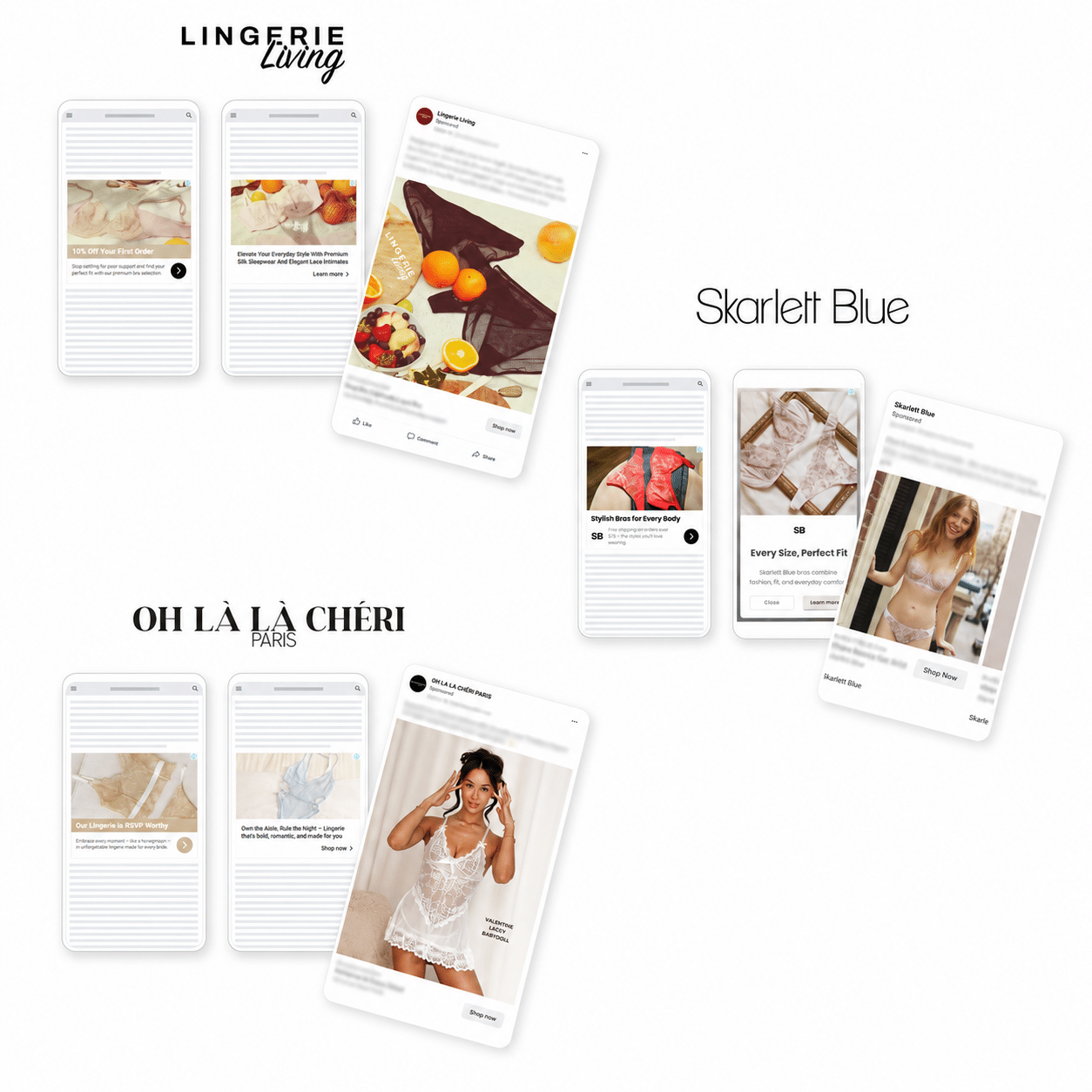 Collage of smartphone screenshots displaying fashion ads for Lingerie Living, Skarlett Blue, and Oh Là Là Paris on a white background.