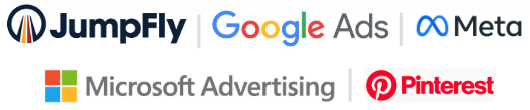 Logo banner showing digital advertising platforms: JumpFly, Google Ads, Meta, Microsoft Advertising, and Pinterest.