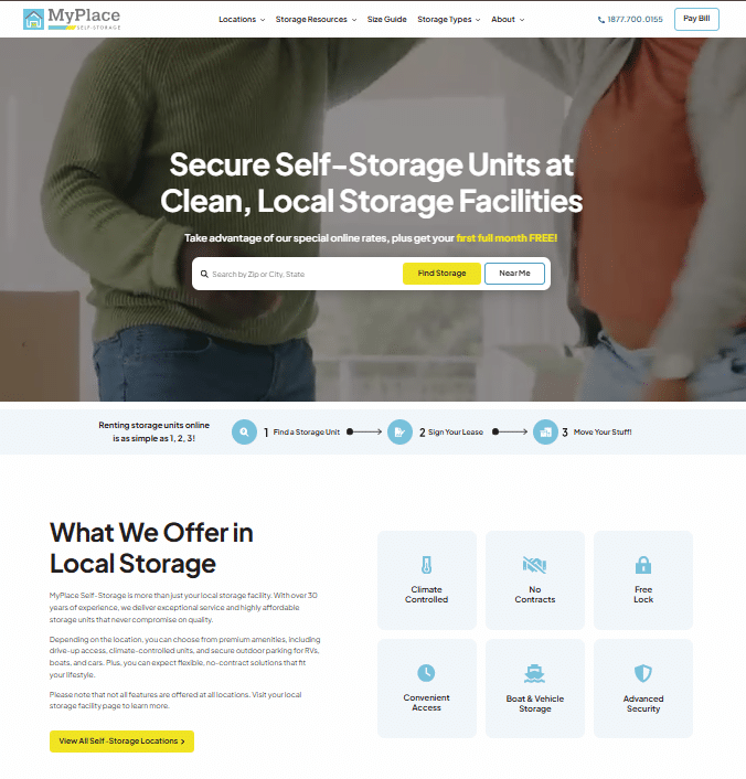 Hero banner with the headline 'Secure Self-Storage Units at Clean, Local Storage Facilities' and a location search bar for finding storage nearby.