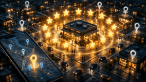 Smart city concept: a central plaza encircled by glowing star ratings and map pins reflected on a mobile map at night.