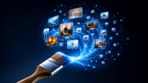 Paintbrush releasing a swirl of glowing app thumbnails and icons, symbolizing digital creativity and media networking.