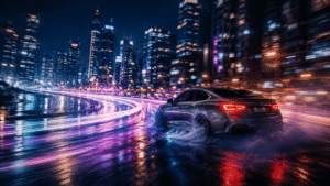 Silver luxury sedan speeding through a neon-lit city at night, colorful light trails reflecting on wet pavement, in motion from a rear angle.