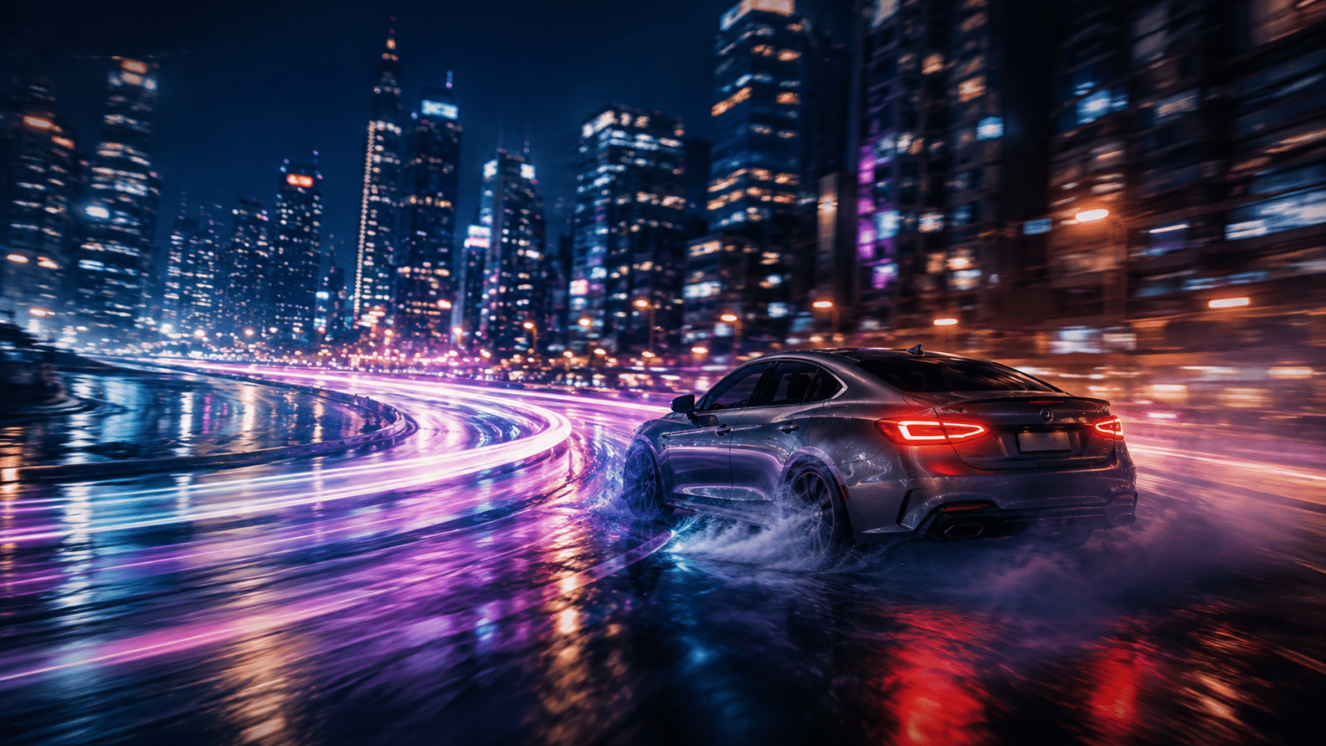 Silver luxury sedan speeding through a neon-lit city at night, colorful light trails reflecting on wet pavement, in motion from a rear angle.