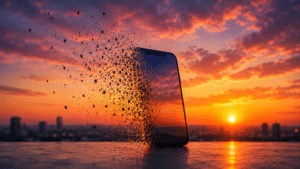 Smartphone standing on a table dissolving into glowing particles at sunset with an orange sky in the background