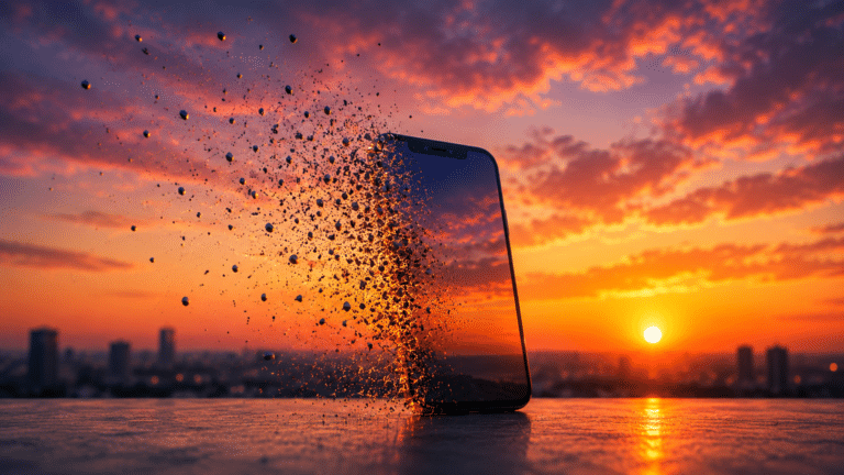 Smartphone standing on a table dissolving into glowing particles at sunset with an orange sky in the background