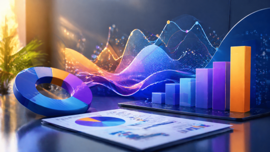 Colorful 3D bar chart and donut chart on a desk, with flowing data lines and reports nearby, depicting analytics imagery.