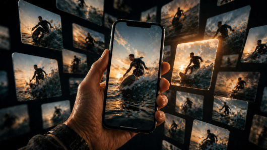 Close-up of a hand holding a smartphone showing a surfer riding a wave at sunset, with multiple photo thumbnails surrounding it in a collage-like display.