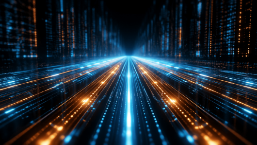 Futuristic cityscape at night with blue and orange light trails converging toward a bright vanishing point in the center.